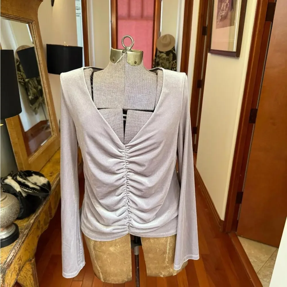 NWT Silver Velvet Long Sleeve Ruched Deep V-Neck Top by Urban Outfitters M